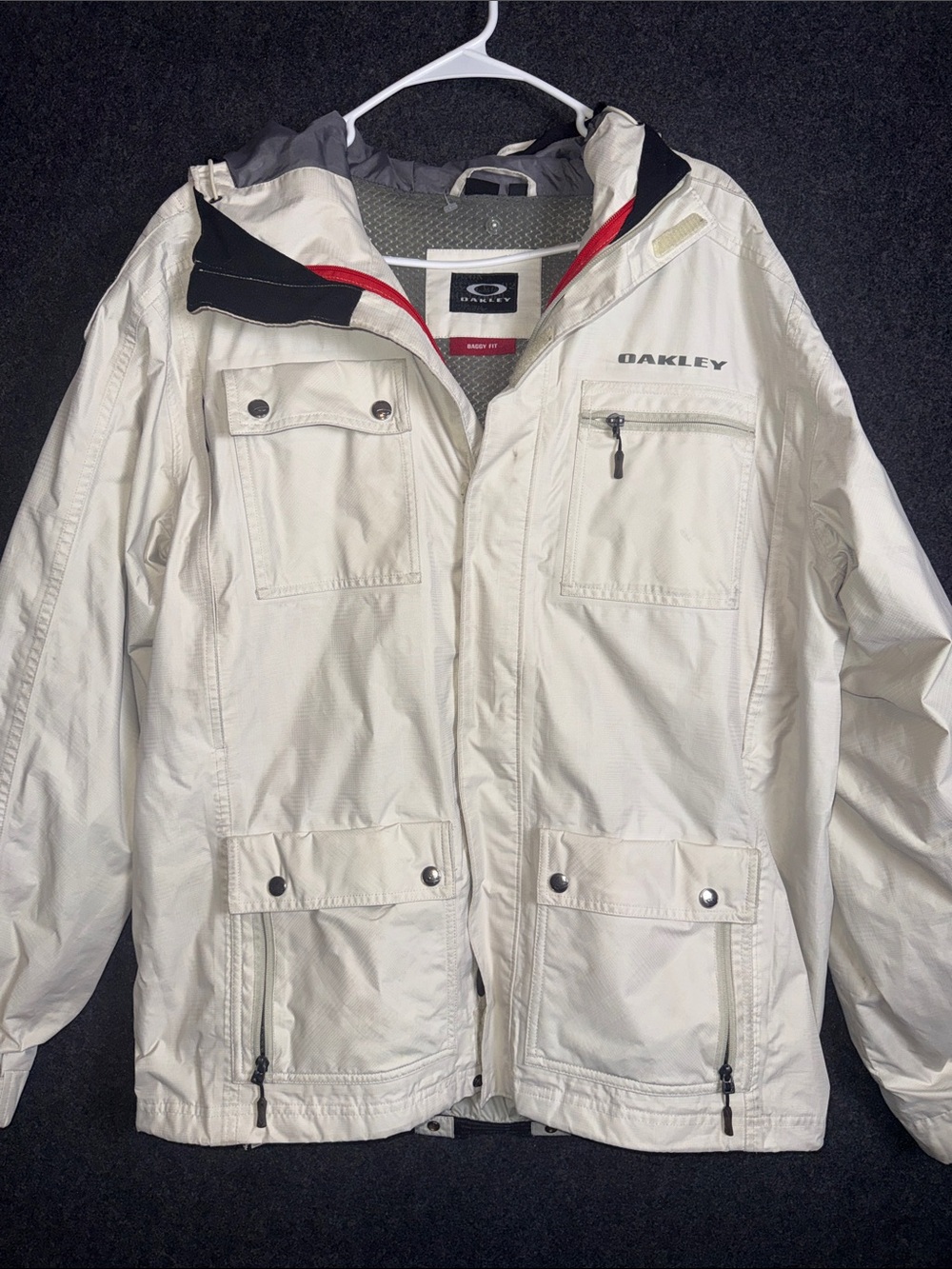 Vintage Oakley White Men’s Hooded Ski Jacket with Subtle Red Trim Medium